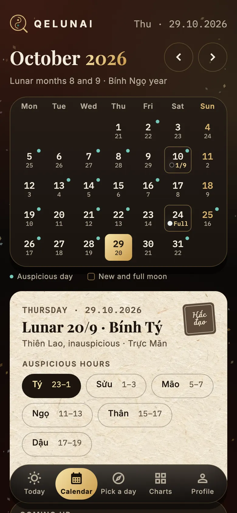 Calendar for October 2026 with lunar days, auspicious days and the details of the 29th