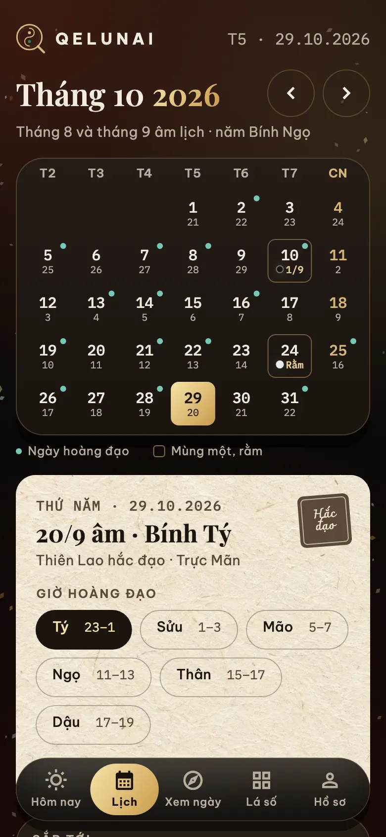 Màn Lịch tháng 10 năm 2026 với ngày âm, ngày hoàng đạo và chi tiết ngày 29