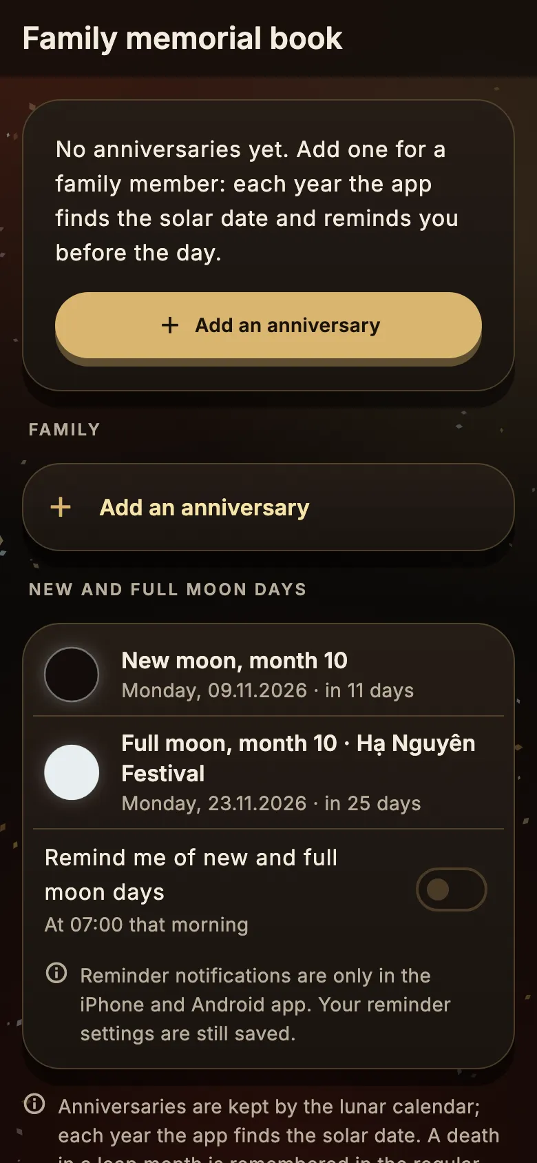 Family memorial days screen with the add button and new-moon and full-moon reminders