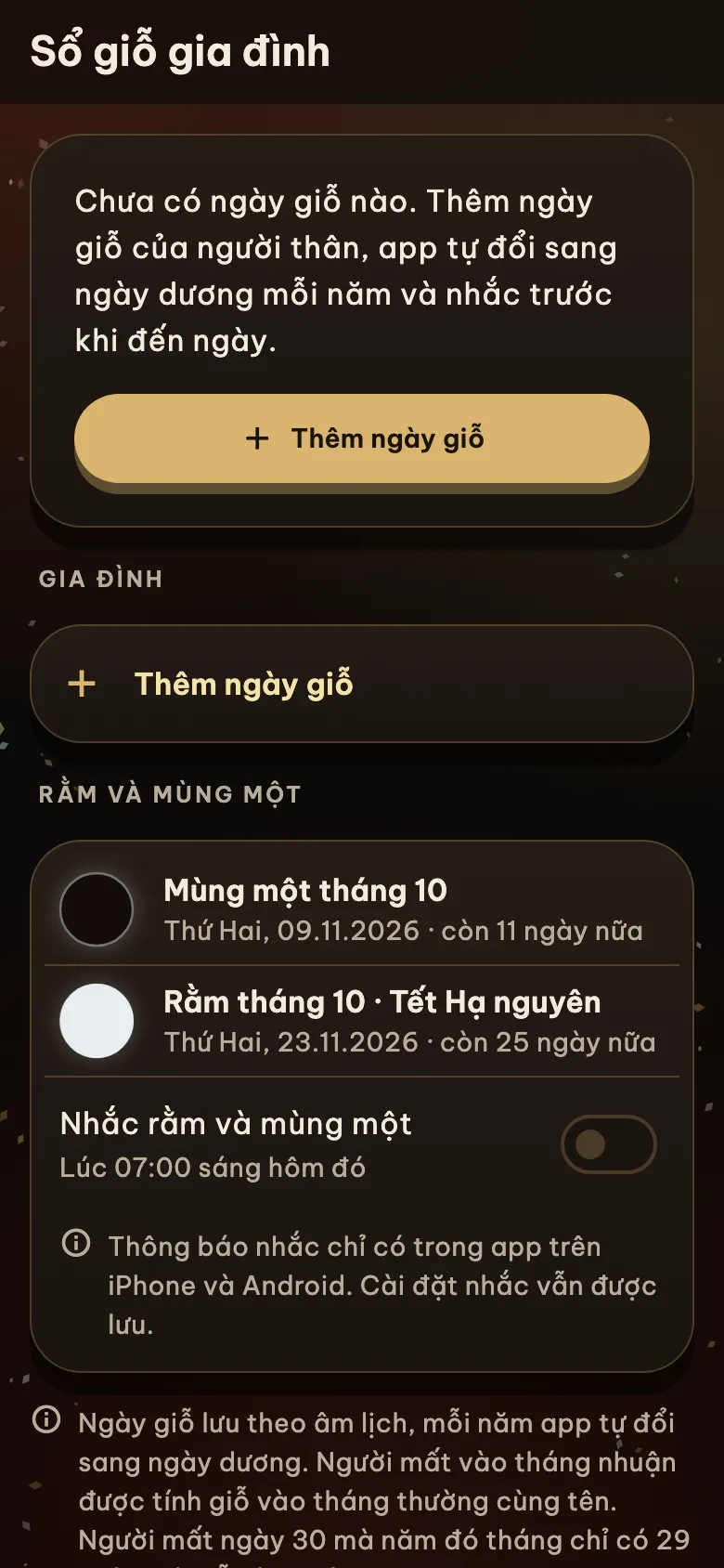 Màn Sổ giỗ gia đình với nút thêm ngày giỗ và nhắc rằm, mùng một
