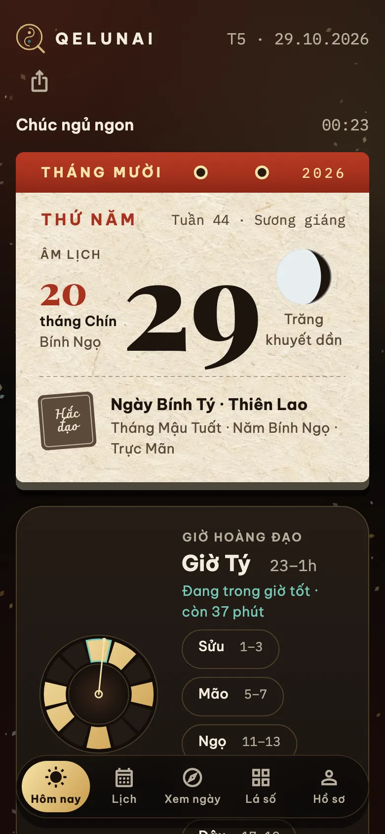 Màn Hôm nay của Qelunai: tờ lịch xé ngày 29 tháng 10 năm 2026, ngày 20 tháng Chín âm lịch, và đồng hồ giờ hoàng đạo