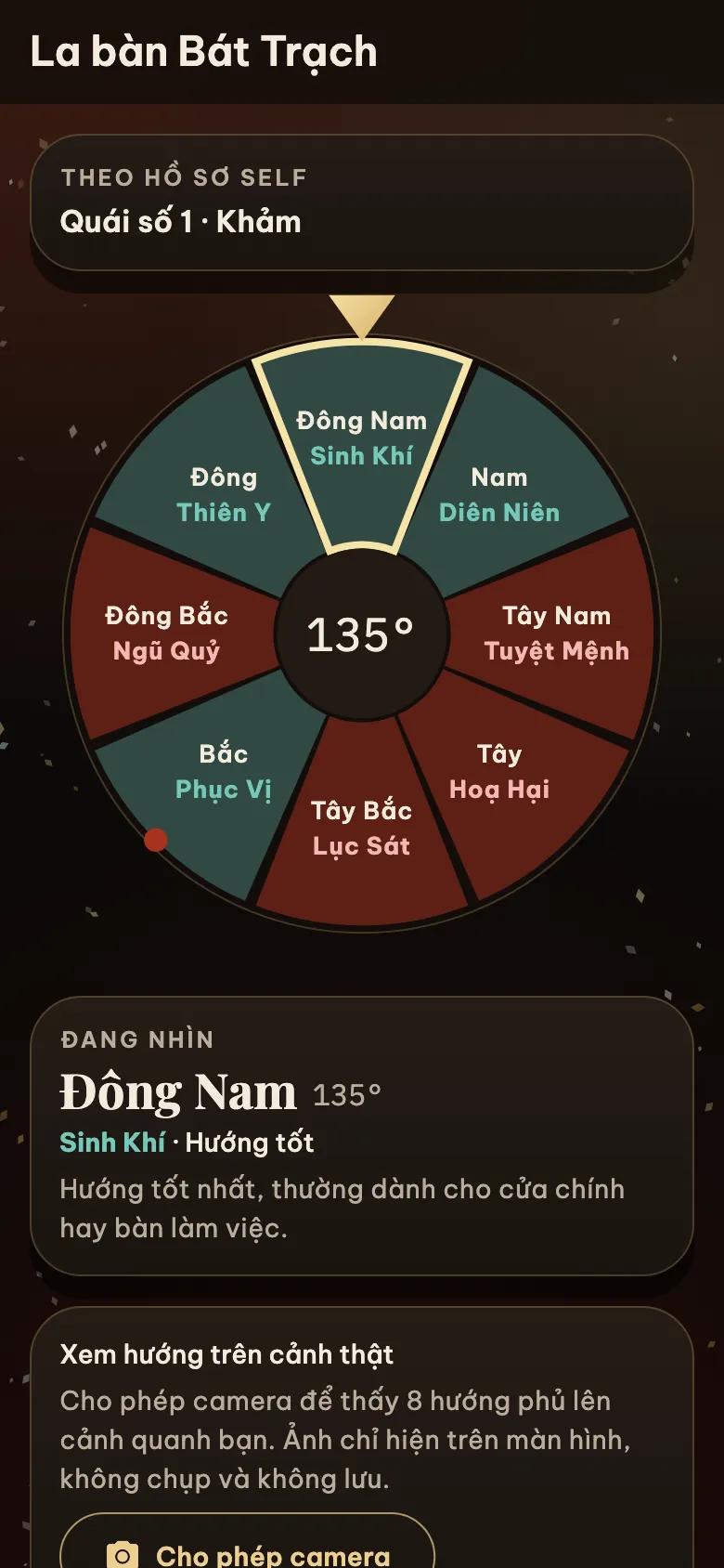 Màn La bàn Bát Trạch: mặt la bàn 8 hướng, đang nhìn hướng Đông Nam, Sinh Khí