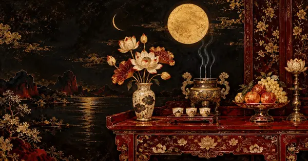 Tranh sơn mài bàn thờ gia tiên với lư hương, bình sen và đĩa quả dưới trăng tròn vàng